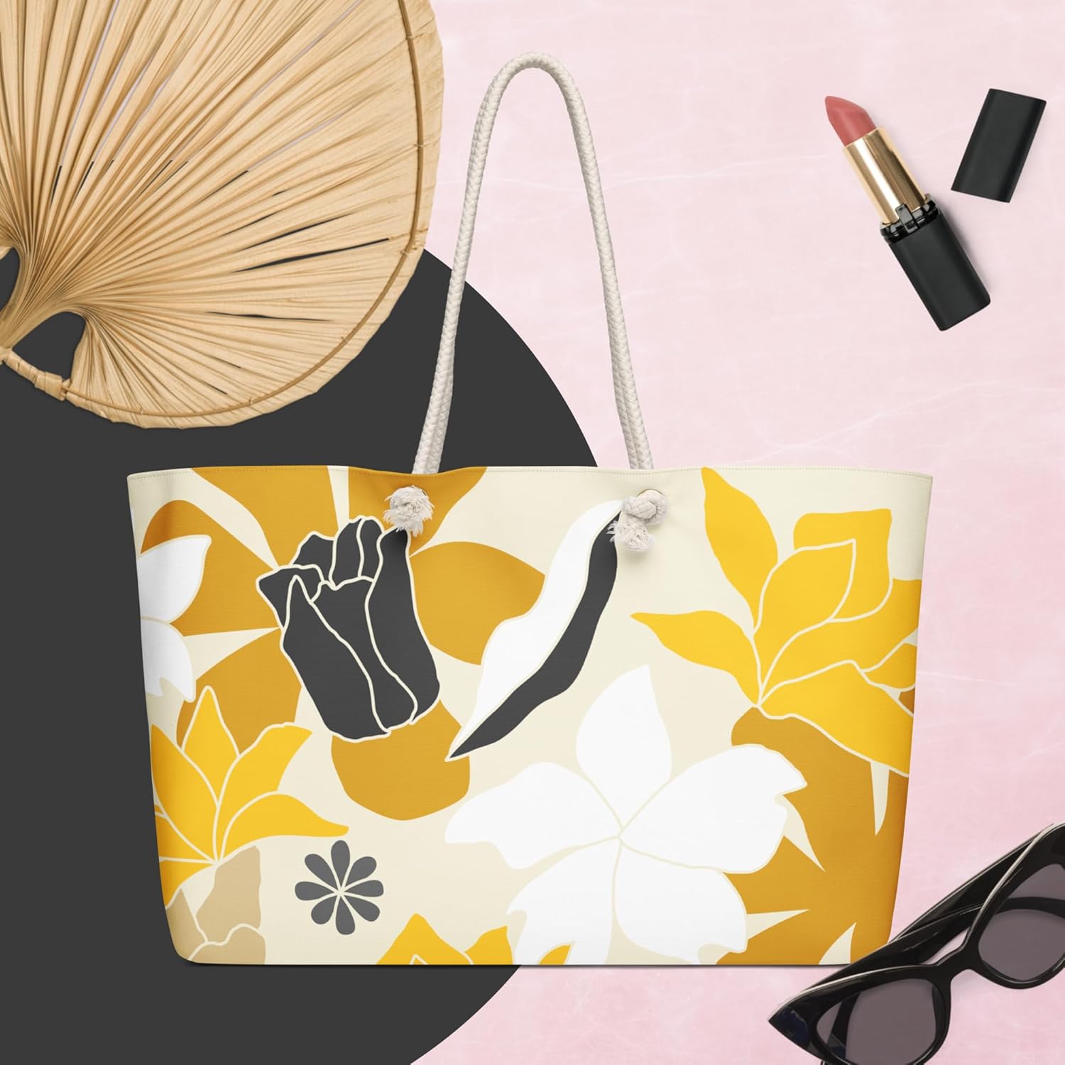 Large Beach Tote Bag for Women – Yellow Floral Print | Summer Vacation Bag with Rope Handles | Lightweight Canvas Shoulder Bag | Pool, Travel, Beach Essentials - Image 4