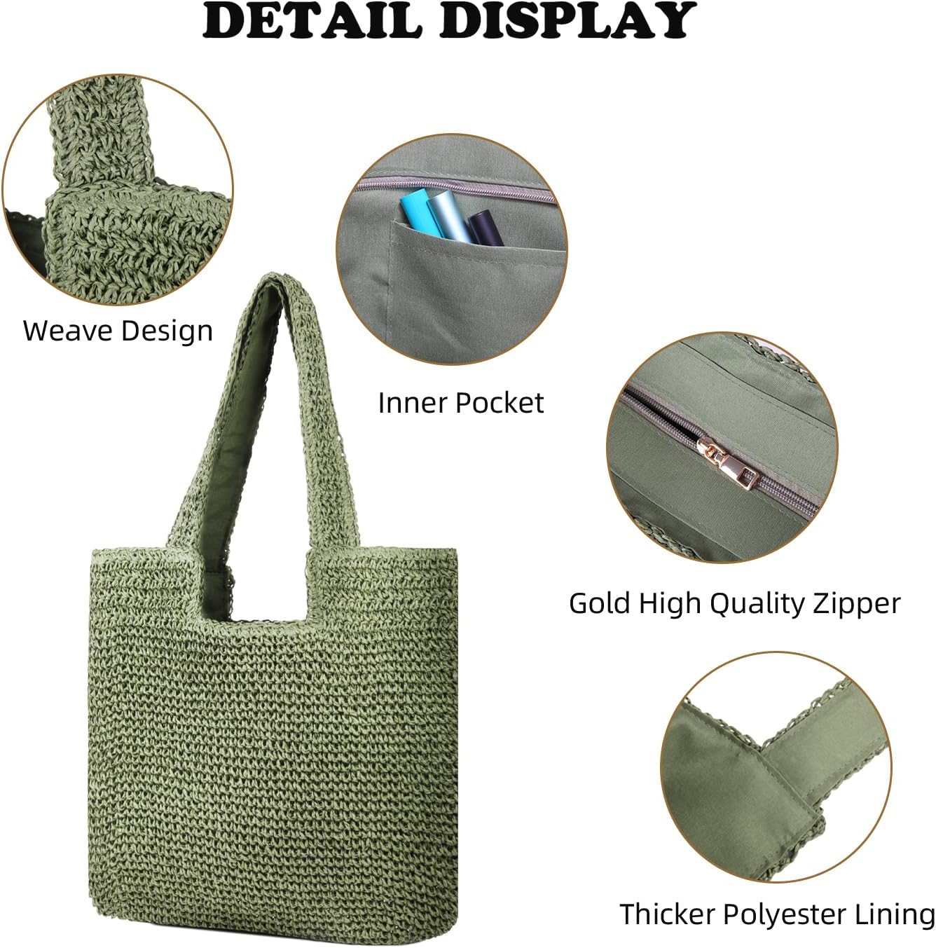 Large Straw Beach Bag for Women with Coin Purse, Woven Tote Bag Summer bag Travel Shoulder Handbag(Green) - Image 4