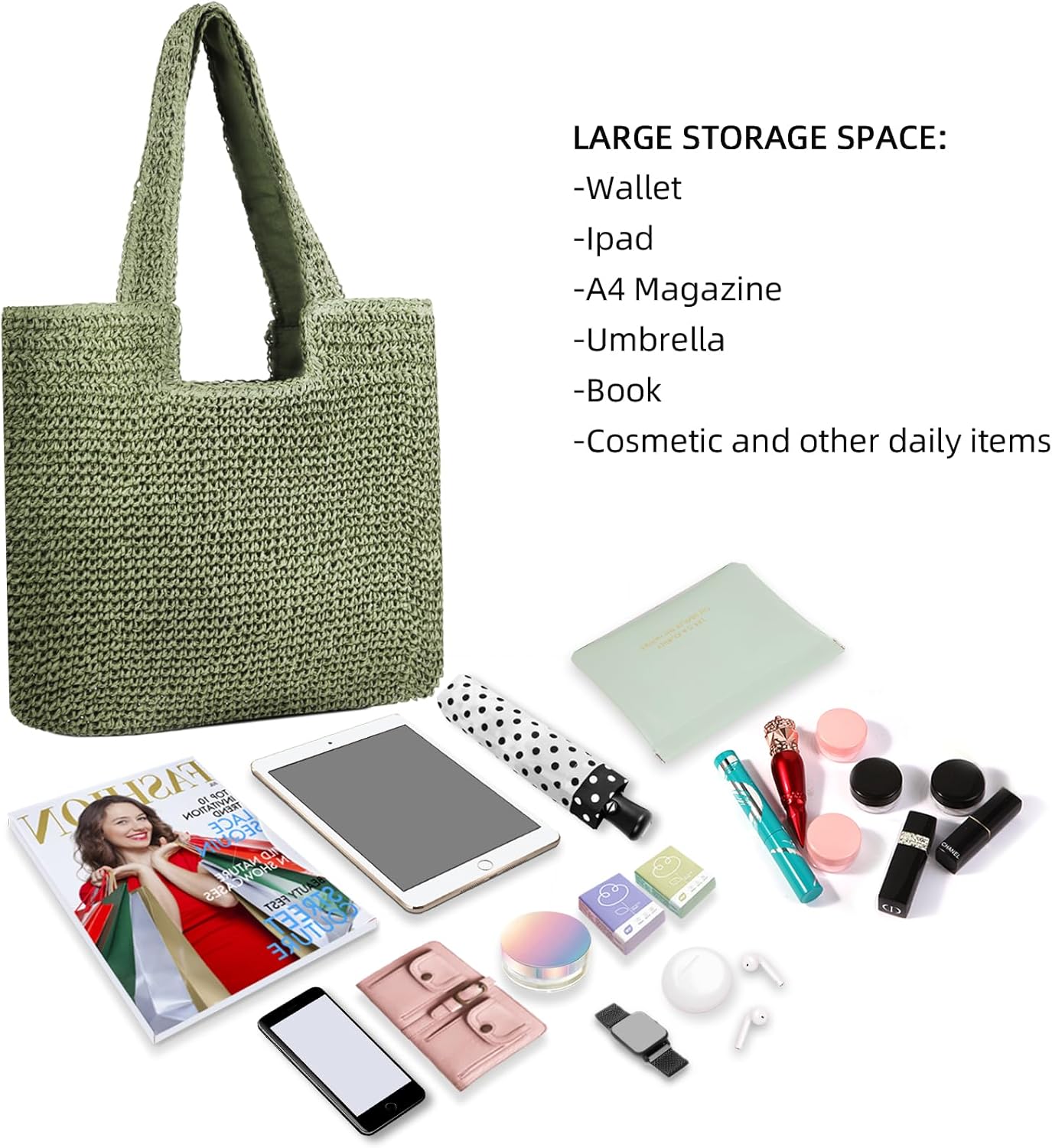 Large Straw Beach Bag for Women with Coin Purse, Woven Tote Bag Summer bag Travel Shoulder Handbag(Green) - Image 5