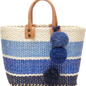 MAR Y SOL Women's Samana II Ombre Stripe Sisal Handheld Mini Tote Straw Bag w Pom Pom