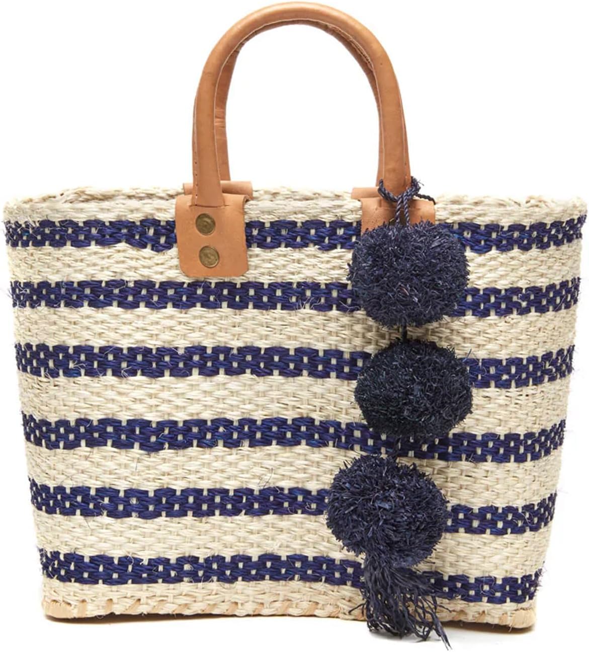 MAR Y SOL Women's Tybee II Strped Mini Handheld Tote Sisal Straw Bag w Pom Pom - Image 3