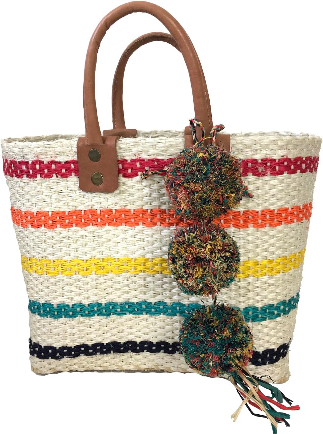 MAR Y SOL Women's Tybee II Strped Mini Handheld Tote Sisal Straw Bag w Pom Pom - Image 5