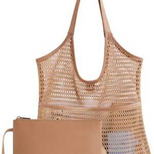 Missnie Women Mesh Beach Bag - Sandproof Foldable Summer Tote Leather Hobo Purse with Pouch for Vacation, Travel Essentials