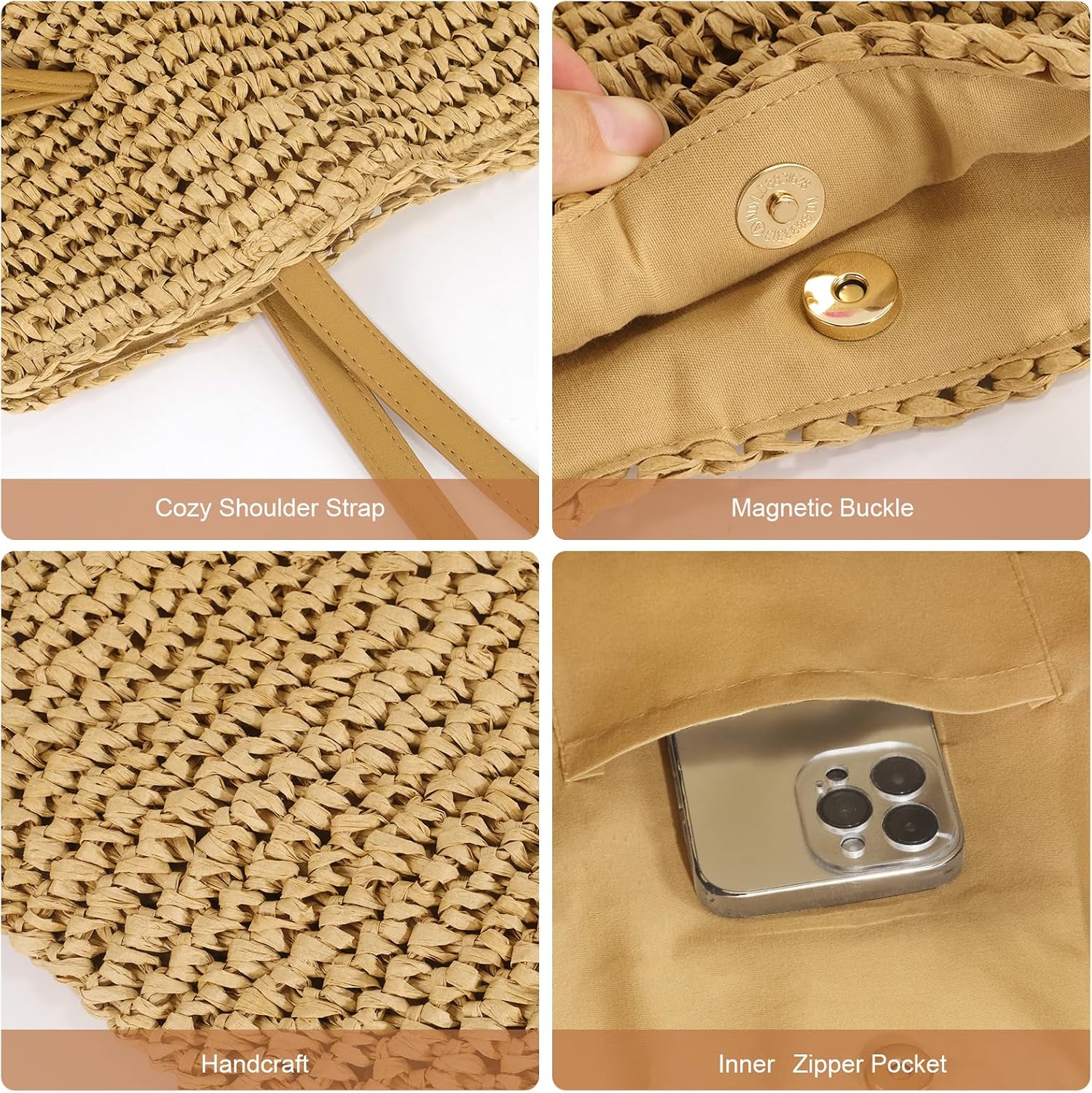 NEWROGENG Hand Woven Straw Purses for Women 2025, Adjustable Large Beach Bag Summer Beach Tote Shoulder Bag for Vacation - Image 8