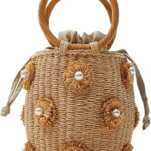 NIBD Flower Pearls Rattan Tote Bag Summer Beach Drawstring Straw Bucket Bag Diamonds Woven Handbag