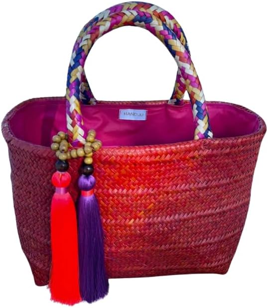 Orange Straw Tote Bag – Handwoven Artisan Beach Bag, Large Summer Shoulder Bag for Women