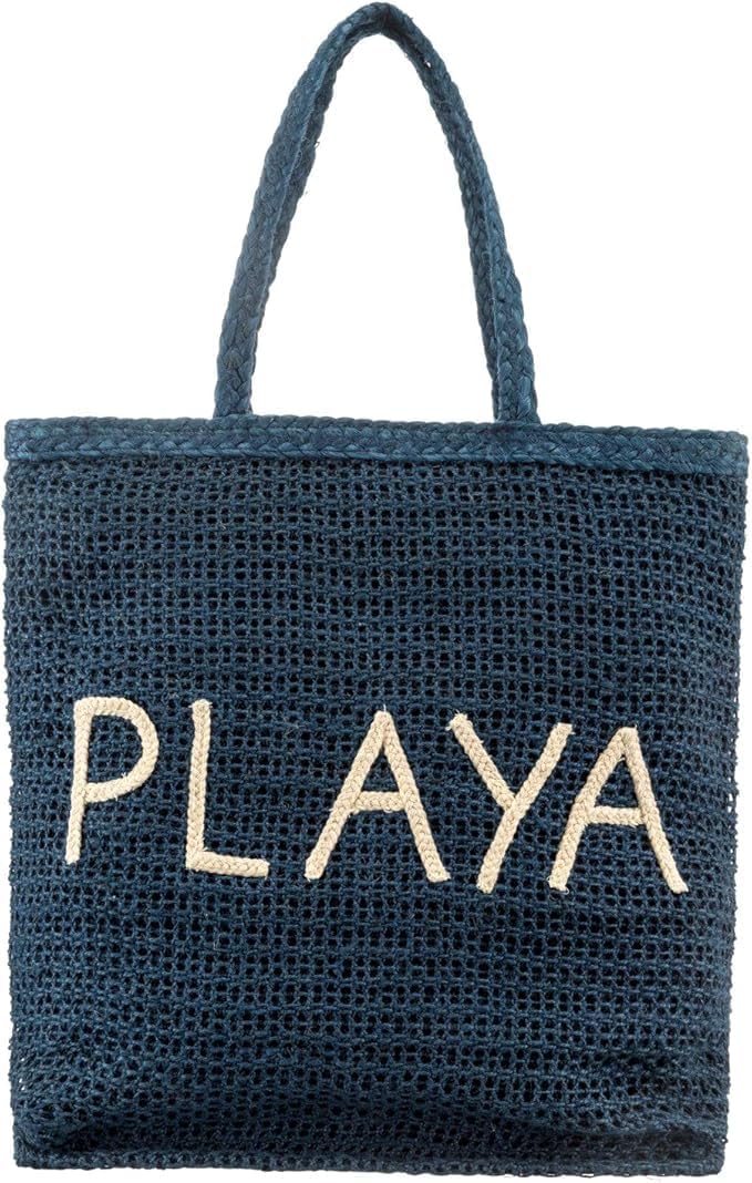 Playa Embroidered Jute Large Beach Tote Bag – Navy Blue Woven Summer Carryall for Women