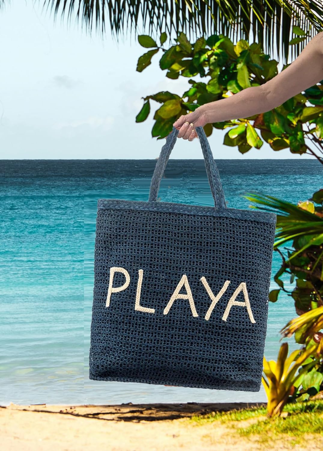 Playa Embroidered Jute Large Beach Tote Bag – Navy Blue Woven Summer Carryall for Women - Image 2