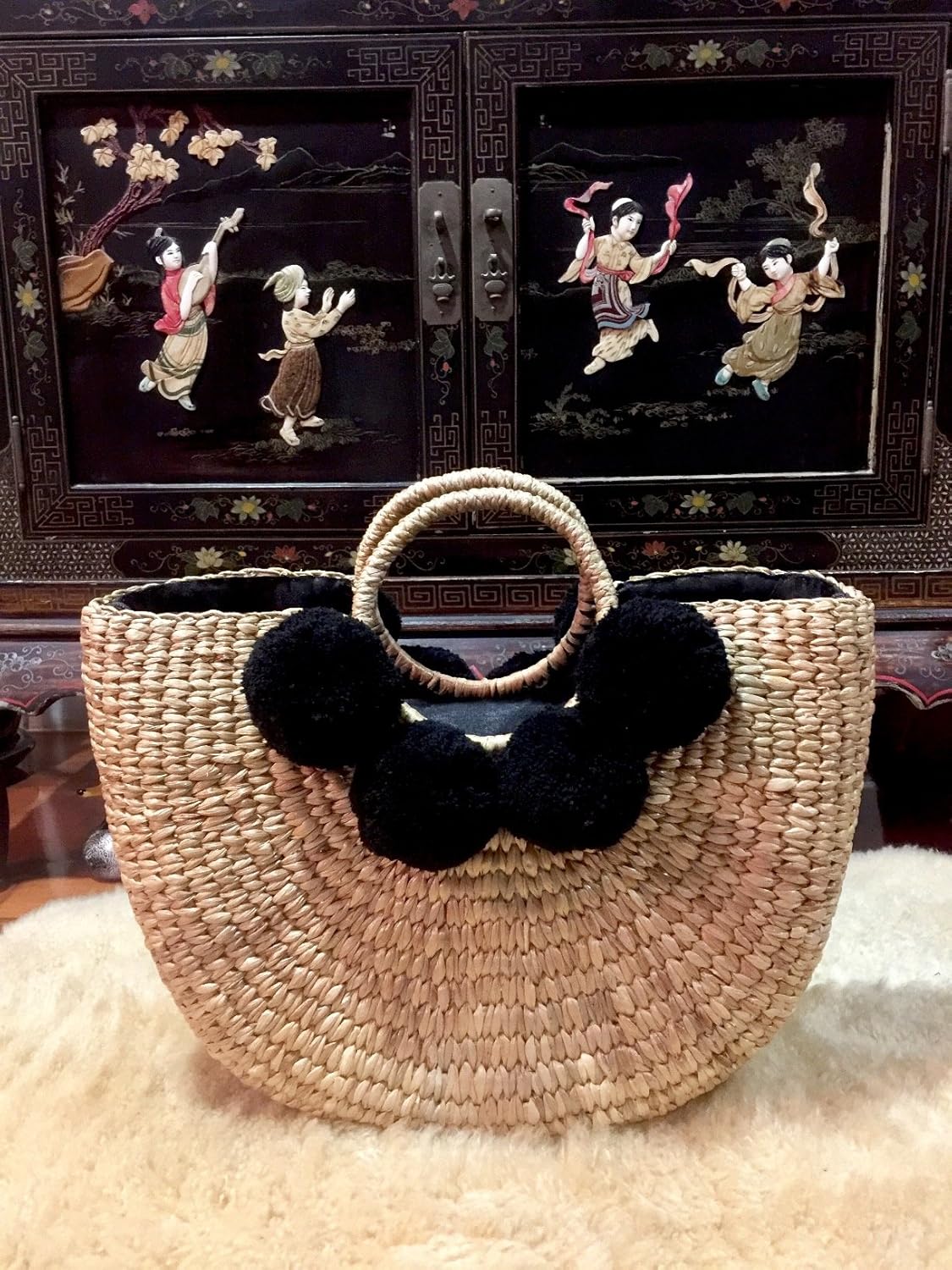 Pom Pom Straw Bag, Pom Pom Straw Bags for Women, Straw Basket Bag,Straw Basket Tote Bag,Beach Basket Bag,Pom Pom Straw Beach Bag,Basket Bag,Straw Bag,Straw Tote Beach Bag,Summer Straw Bag,Straw Tote - Image 5