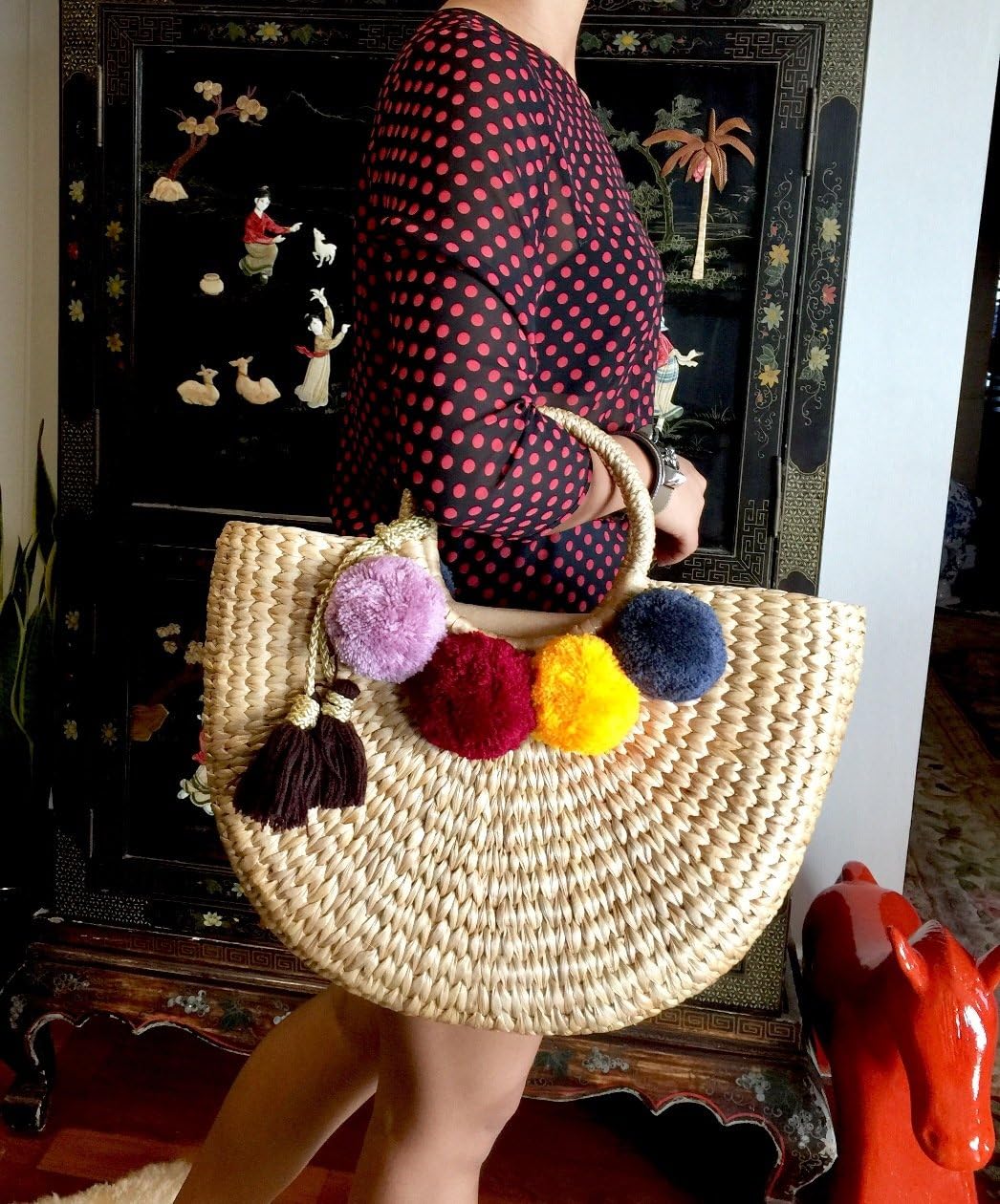 Pom Pom Straw Bag, Pom Pom Straw Bags for Women, Straw Basket Bag,Straw Basket Tote Bag,Beach Basket Bag,Pom Pom Straw Beach Bag,Basket Bag,Straw Bag,Straw Tote Beach Bag,Summer Straw Bag,Straw Tote - Image 5