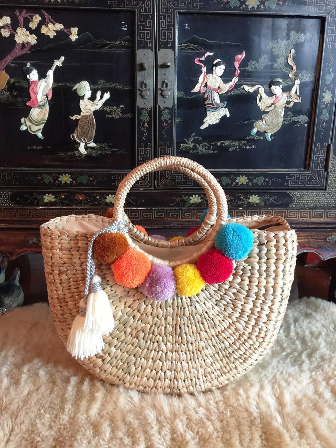 Pom Pom Straw Bag, Pom Pom Straw Bags for Women, Straw Basket Bag,Straw Basket Tote Bag,Beach Basket Bag,Pom Pom Straw Beach Bag,Basket Bag,Straw Bag,Straw Tote Beach Bag,Summer Straw Bag,Straw Tote - Image 4