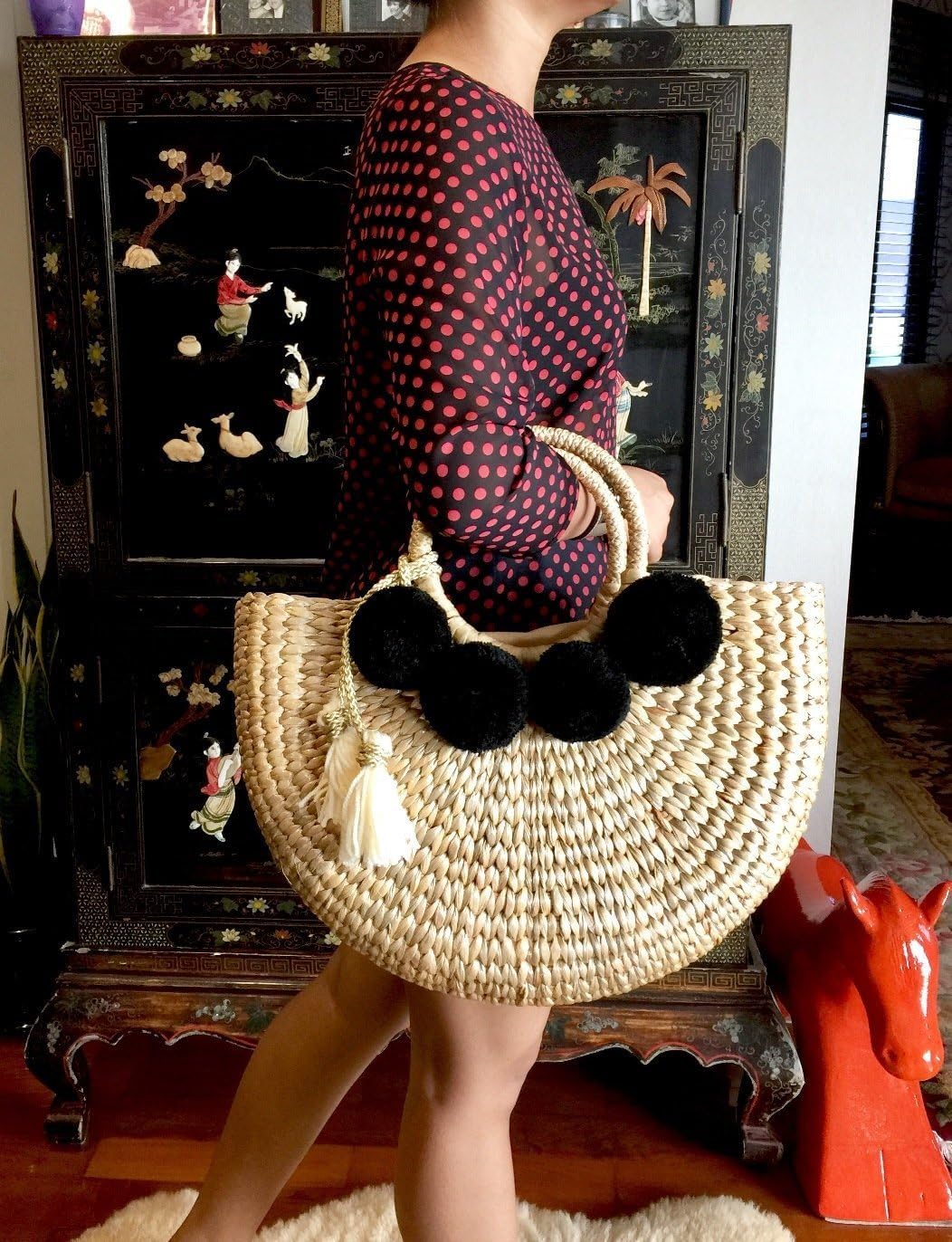 Pom Pom Straw Bag, Pom Pom Straw Bags for Women, Straw Basket Bag,Straw Basket Tote Bag,Beach Basket Bag,Pom Pom Straw Beach Bag,Basket Bag,Straw Bag,Straw Tote Beach Bag,Summer Straw Bag,Straw Tote - Image 5