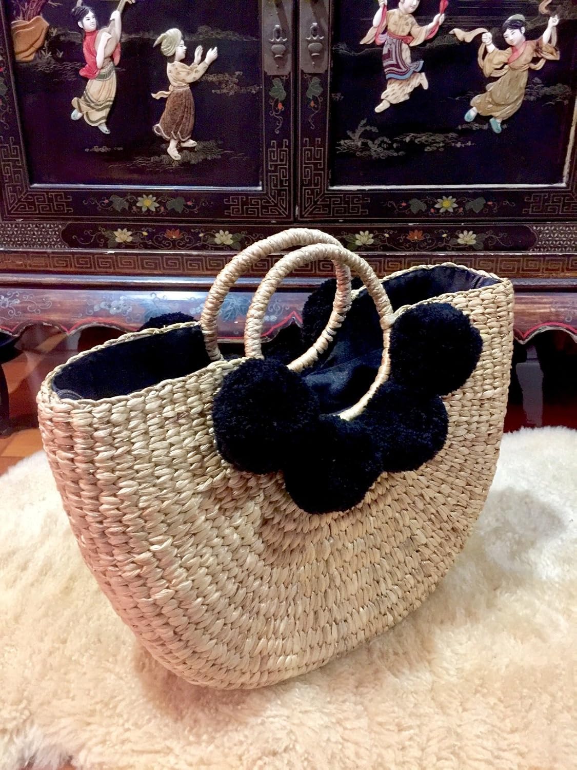 Pom Pom Straw Bag, Pom Pom Straw Bags for Women, Straw Basket Bag,Straw Basket Tote Bag,Beach Basket Bag,Pom Pom Straw Beach Bag,Basket Bag,Straw Bag,Straw Tote Beach Bag,Summer Straw Bag,Straw Tote - Image 4