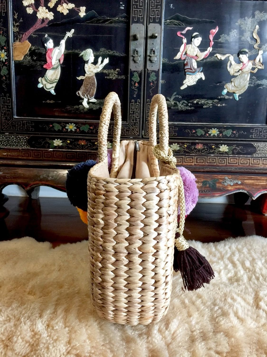 Pom Pom Straw Bag, Pom Pom Straw Bags for Women, Straw Basket Bag,Straw Basket Tote Bag,Beach Basket Bag,Pom Pom Straw Beach Bag,Basket Bag,Straw Bag,Straw Tote Beach Bag,Summer Straw Bag,Straw Tote - Image 2