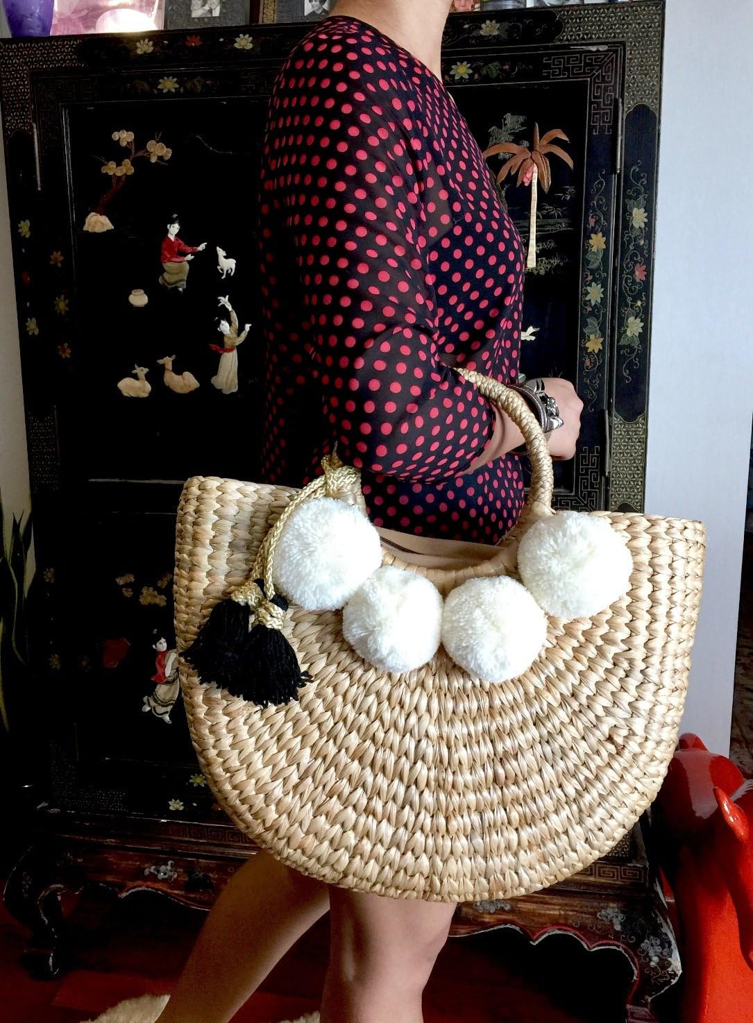 Pom Pom Straw Bag, Pom Pom Straw Bags for Women, Straw Basket Bag,Straw Basket Tote Bag,Beach Basket Bag,Pom Pom Straw Beach Bag,Basket Bag,Straw Bag,Straw Tote Beach Bag,Summer Straw Bag,Straw Tote - Image 5