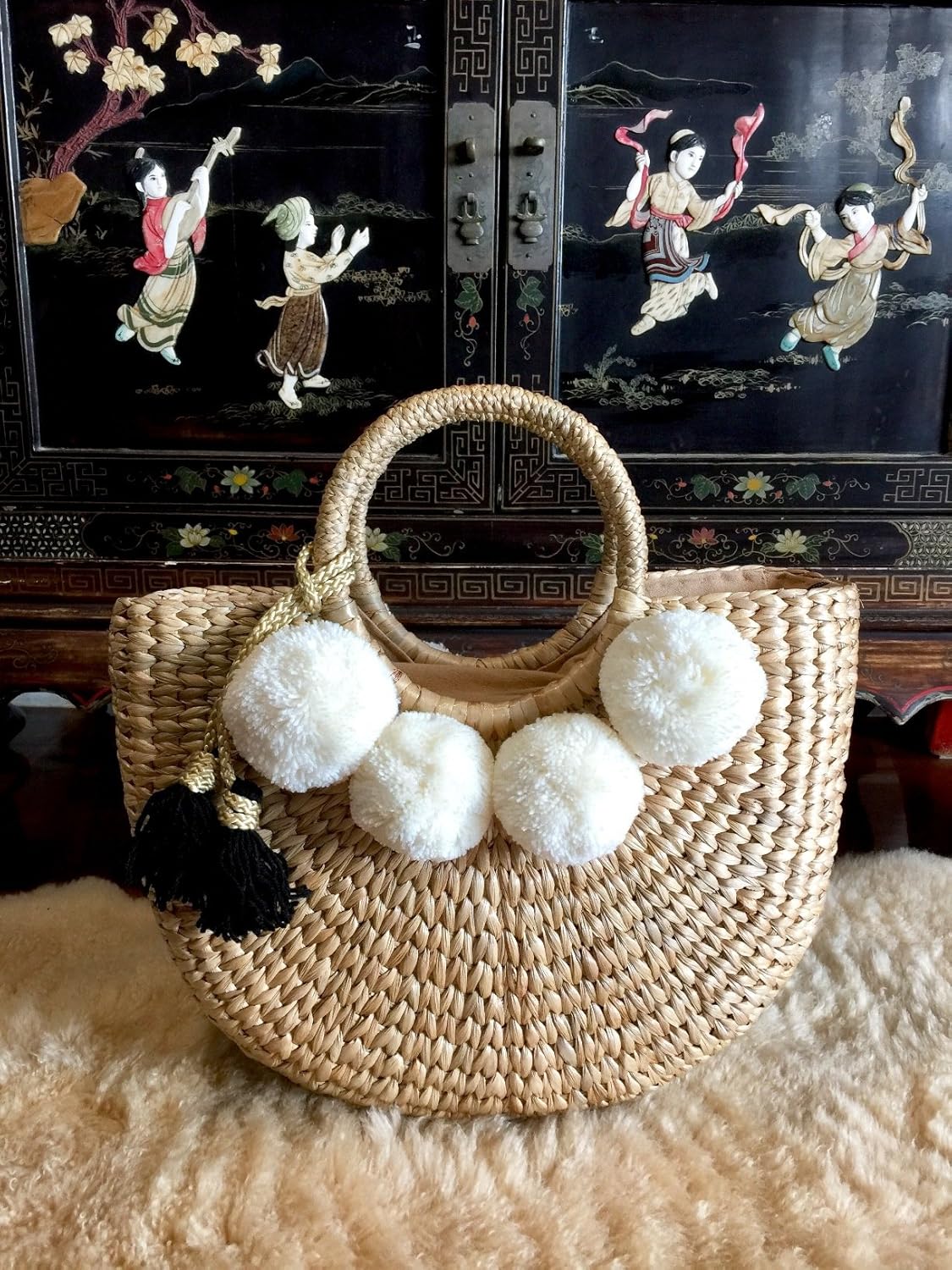 Pom Pom Straw Bag, Pom Pom Straw Bags for Women, Straw Basket Bag,Straw Basket Tote Bag,Beach Basket Bag,Pom Pom Straw Beach Bag,Basket Bag,Straw Bag,Straw Tote Beach Bag,Summer Straw Bag,Straw Tote - Image 7