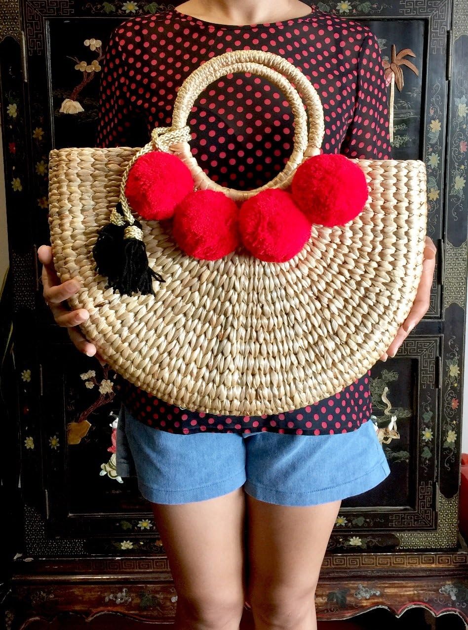 Pom Pom Straw Bag, Pom Pom Straw Bags for Women, Straw Basket Bag,Straw Basket Tote Bag,Beach Basket Bag,Pom Pom Straw Beach Bag,Basket Bag,Straw Bag,Straw Tote Beach Bag,Summer Straw Bag,Straw Tote - Image 6