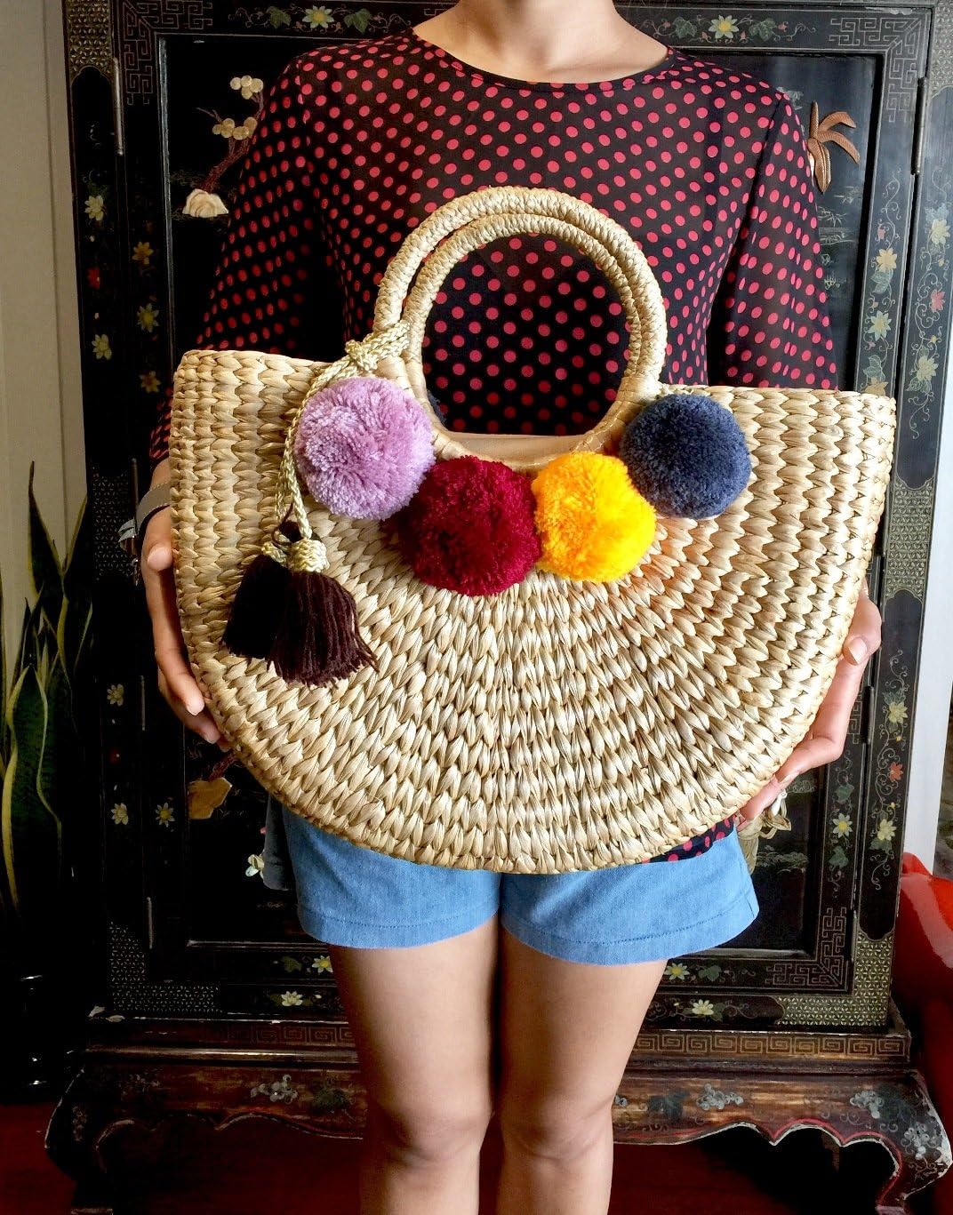 Pom Pom Straw Bag, Pom Pom Straw Bags for Women, Straw Basket Bag,Straw Basket Tote Bag,Beach Basket Bag,Pom Pom Straw Beach Bag,Basket Bag,Straw Bag,Straw Tote Beach Bag,Summer Straw Bag,Straw Tote - Image 6