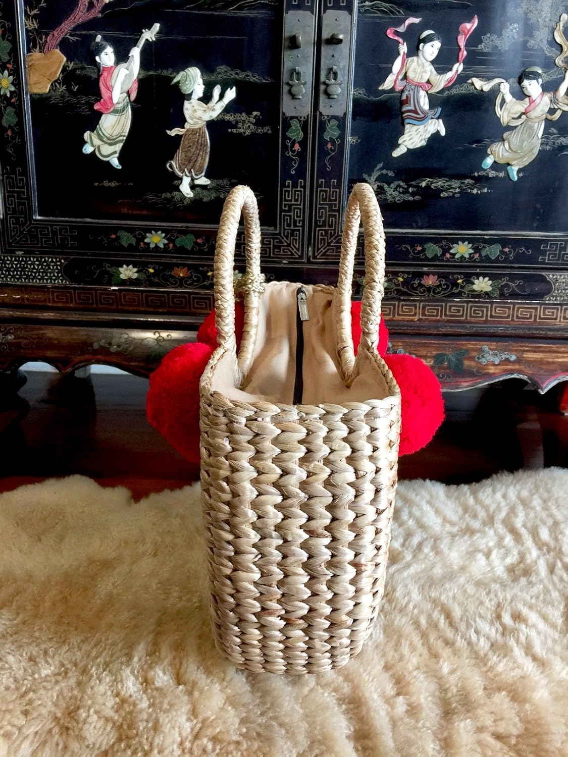 Pom Pom Straw Bag, Pom Pom Straw Bags for Women, Straw Basket Bag,Straw Basket Tote Bag,Beach Basket Bag,Pom Pom Straw Beach Bag,Basket Bag,Straw Bag,Straw Tote Beach Bag,Summer Straw Bag,Straw Tote - Image 2