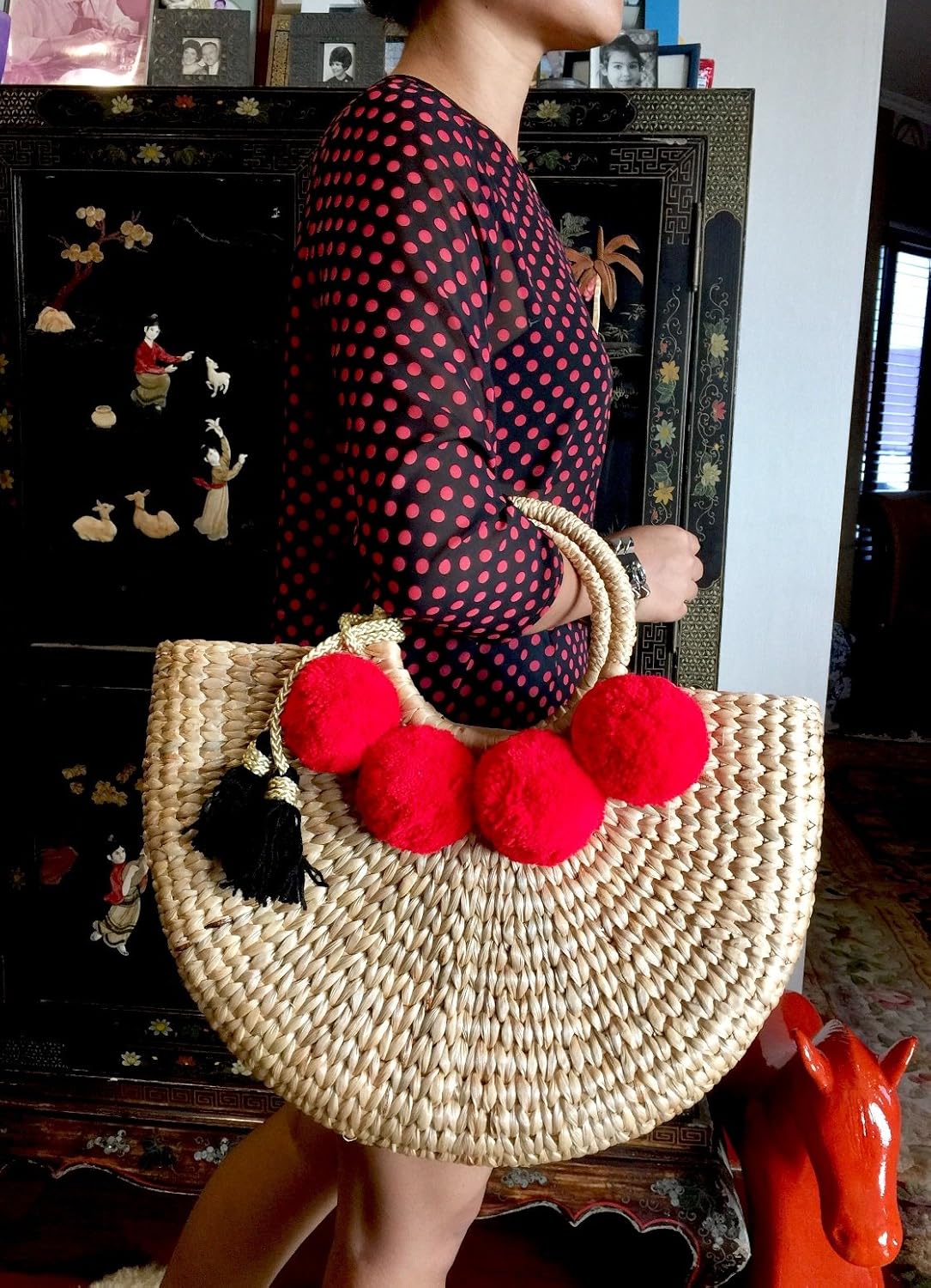 Pom Pom Straw Bag, Pom Pom Straw Bags for Women, Straw Basket Bag,Straw Basket Tote Bag,Beach Basket Bag,Pom Pom Straw Beach Bag,Basket Bag,Straw Bag,Straw Tote Beach Bag,Summer Straw Bag,Straw Tote - Image 5