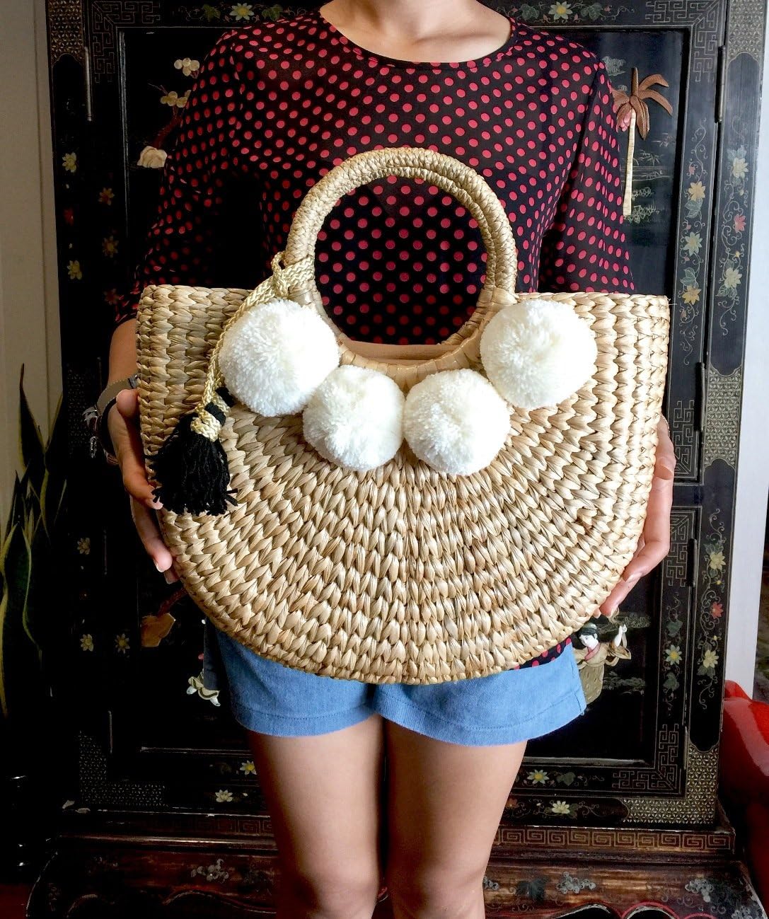 Pom Pom Straw Bag, Pom Pom Straw Bags for Women, Straw Basket Bag,Straw Basket Tote Bag,Beach Basket Bag,Pom Pom Straw Beach Bag,Basket Bag,Straw Bag,Straw Tote Beach Bag,Summer Straw Bag,Straw Tote - Image 6