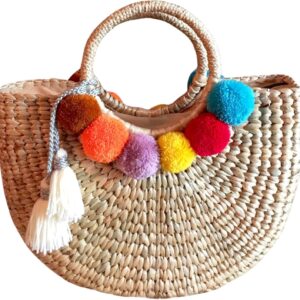 Pom Pom Straw Bag, Pom Pom Straw Bags for Women, Straw Basket Bag,Straw Basket Tote Bag,Beach Basket Bag,Pom Pom Straw Beach Bag,Basket Bag,Straw Bag,Straw Tote Beach Bag,Summer Straw Bag,Straw Tote