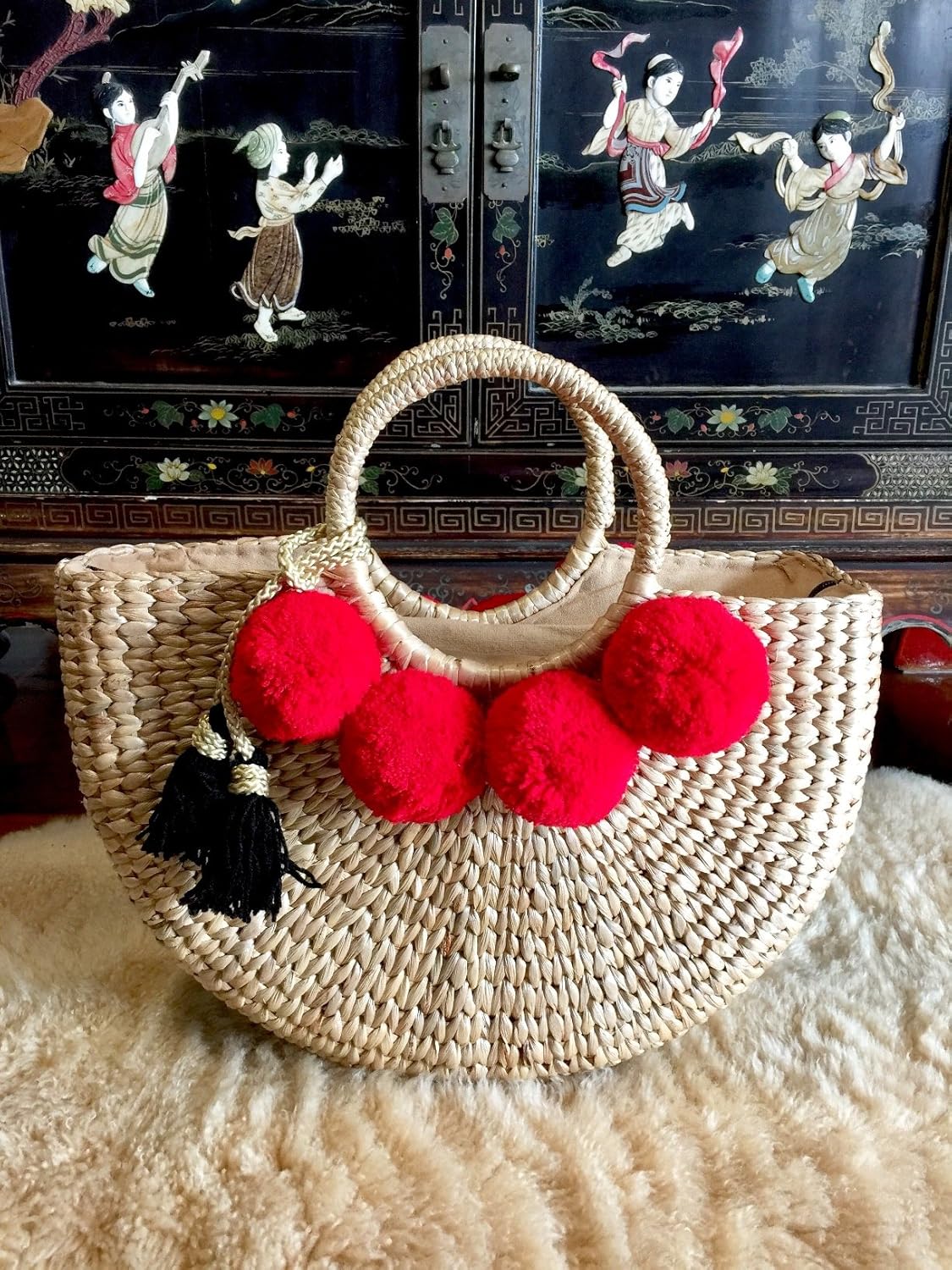 Pom Pom Straw Bag, Pom Pom Straw Bags for Women, Straw Basket Bag,Straw Basket Tote Bag,Beach Basket Bag,Pom Pom Straw Beach Bag,Basket Bag,Straw Bag,Straw Tote Beach Bag,Summer Straw Bag,Straw Tote - Image 7