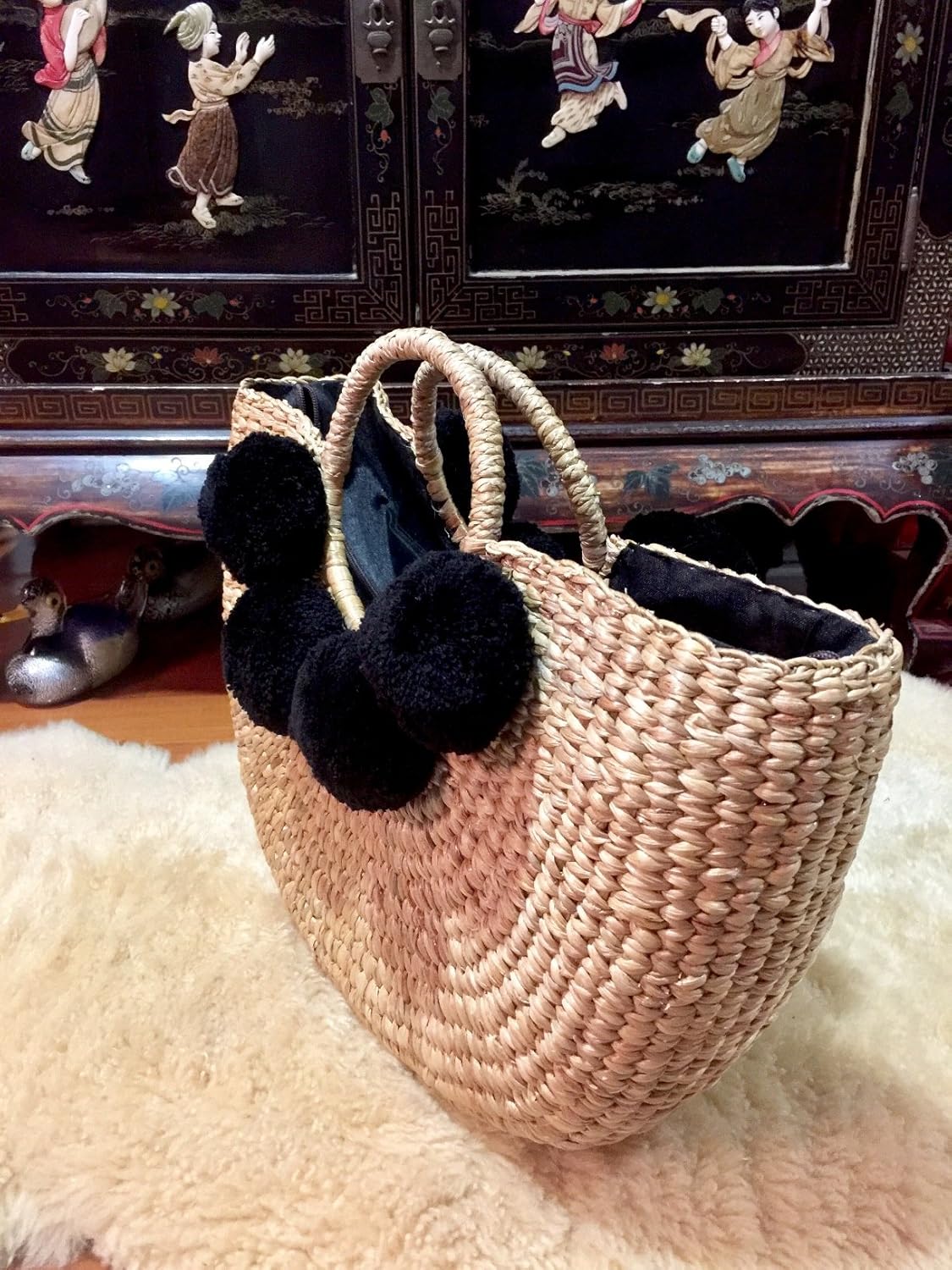 Pom Pom Straw Bag, Pom Pom Straw Bags for Women, Straw Basket Bag,Straw Basket Tote Bag,Beach Basket Bag,Pom Pom Straw Beach Bag,Basket Bag,Straw Bag,Straw Tote Beach Bag,Summer Straw Bag,Straw Tote - Image 6