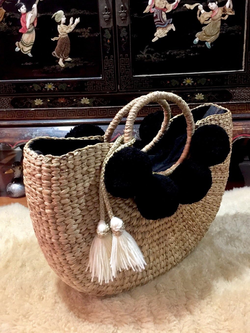 Pom Pom Straw Bag, Pom Pom Straw Bags for Women, Straw Basket Bag,Straw Basket Tote Bag,Beach Basket Bag,Pom Pom Straw Beach Bag,Basket Bag,Straw Bag,Straw Tote Beach Bag,Summer Straw Bag,Straw Tote - Image 2
