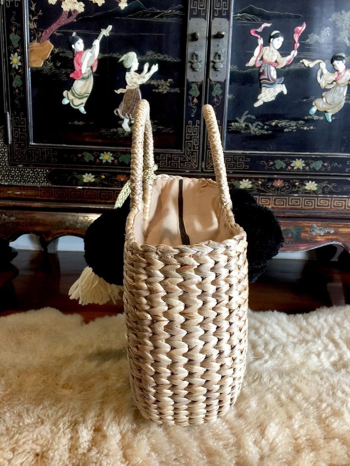 Pom Pom Straw Bag, Pom Pom Straw Bags for Women, Straw Basket Bag,Straw Basket Tote Bag,Beach Basket Bag,Pom Pom Straw Beach Bag,Basket Bag,Straw Bag,Straw Tote Beach Bag,Summer Straw Bag,Straw Tote - Image 2