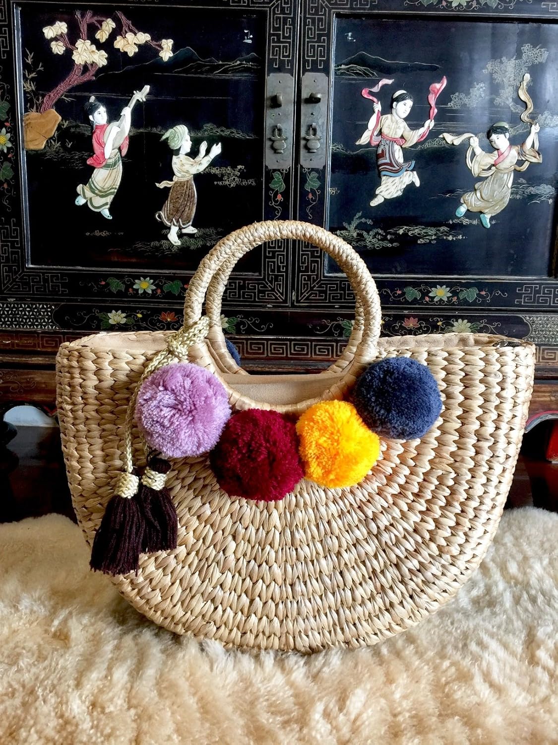 Pom Pom Straw Bag, Pom Pom Straw Bags for Women, Straw Basket Bag,Straw Basket Tote Bag,Beach Basket Bag,Pom Pom Straw Beach Bag,Basket Bag,Straw Bag,Straw Tote Beach Bag,Summer Straw Bag,Straw Tote - Image 7
