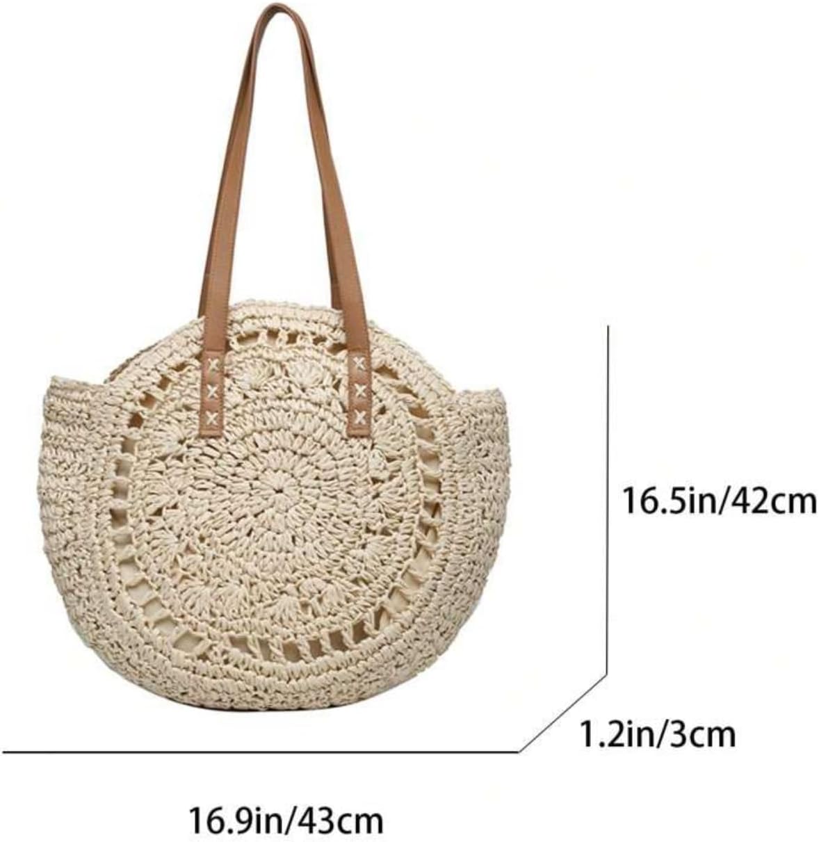 Product image Round Straw Beach Tote Bag, Crochet Summer Handbag with Leather Handles, 16.9 x 16.5 inches - Image 5