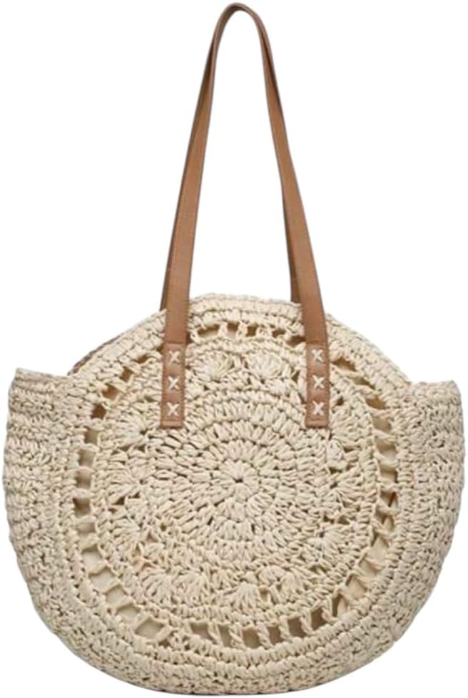 Product image Round Straw Beach Tote Bag, Crochet Summer Handbag with Leather Handles, 16.9 x 16.5 inches