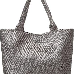 Queenoris Woven Bag for Women, Fashion Top Handle Shoulder Handbag Vegan Leather Shopper Purses Large Travel Tote Bag