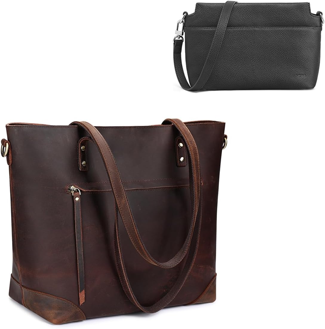S-ZONE Leather Tote Bag Large Purse for Women with Small Leather Crossbody Bag Vintage Shoulder Purse