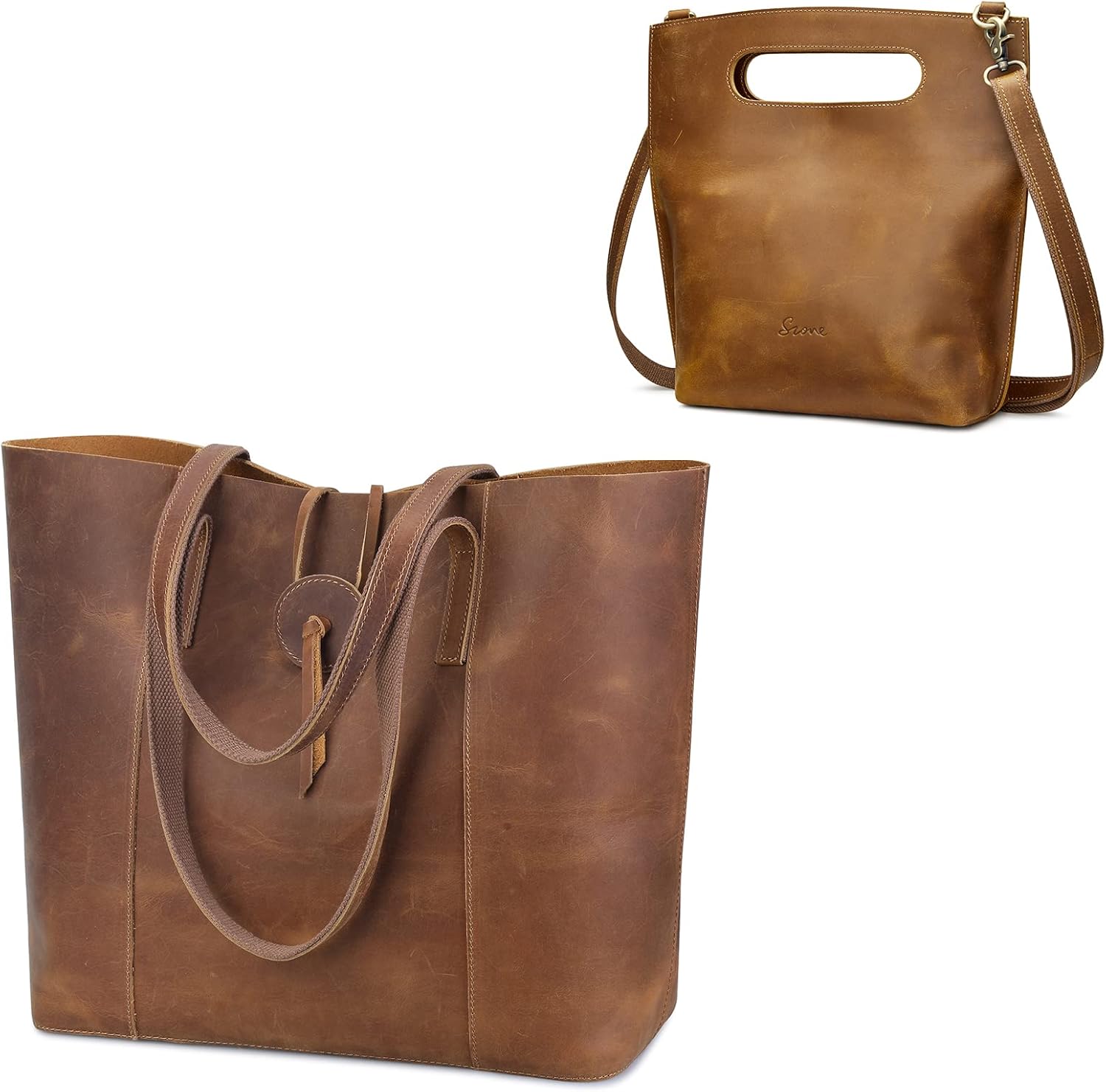 S-ZONE Vintage Genuine Leather Tote Bag for Women Large Shoulder Purse Handbag with Clutch Bag