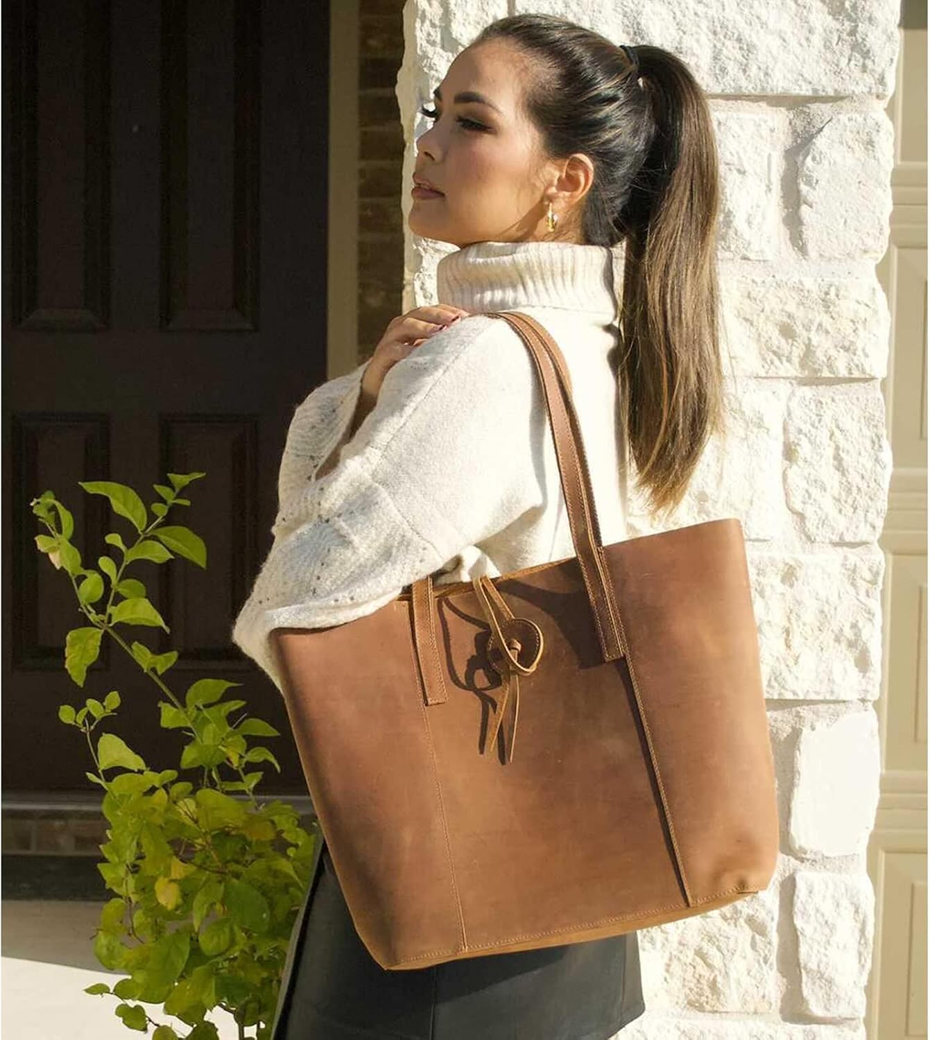 S-ZONE Vintage Genuine Leather Tote Bag for Women Large Shoulder Purse Handbag with Clutch Bag - Image 6