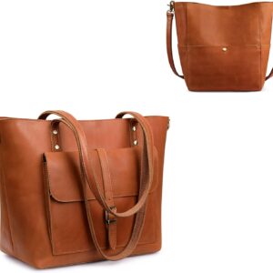 S-ZONE Women Genuine Leather Tote Bag Shoulder Handbag Bundle with Crossbody Bucket Purse