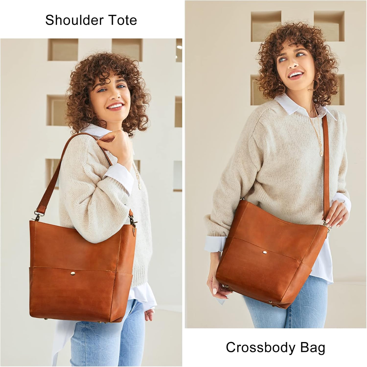 S-ZONE Women Genuine Leather Tote Bag Shoulder Handbag Bundle with Crossbody Bucket Purse - Image 2