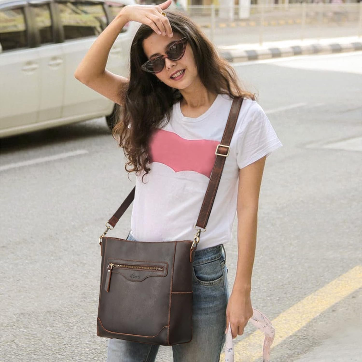 S-ZONE Women Leather Tote Bag Shoulder Handbag Bundle with Crossbody Bucket Purse - Image 2