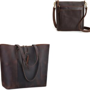 S-ZONE Women Leather Tote Bag Shoulder Handbag Bundle with Crossbody Bucket Purse with Multi-pockets