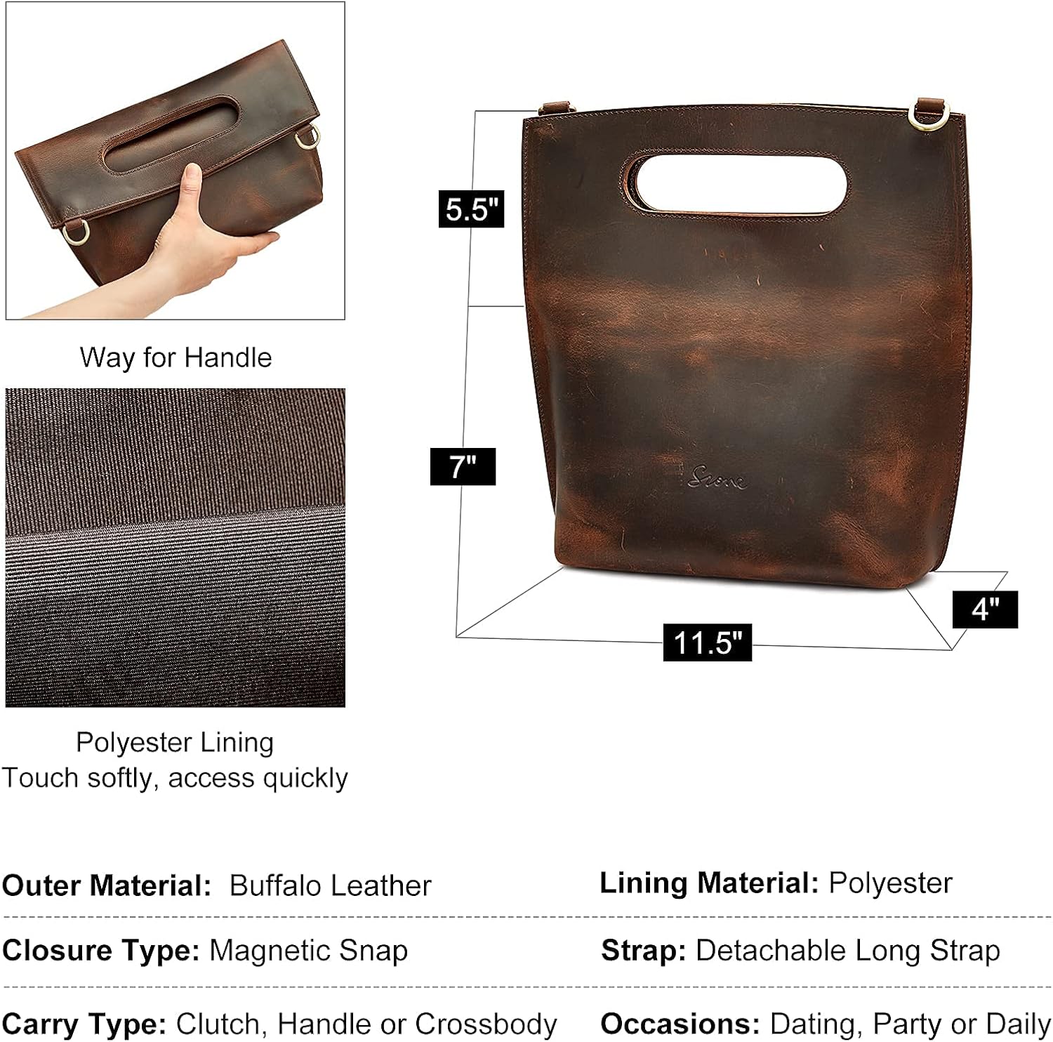 S-ZONE Women Vintage Genuine Leather Tote Bag with Clutch Bag - Image 7