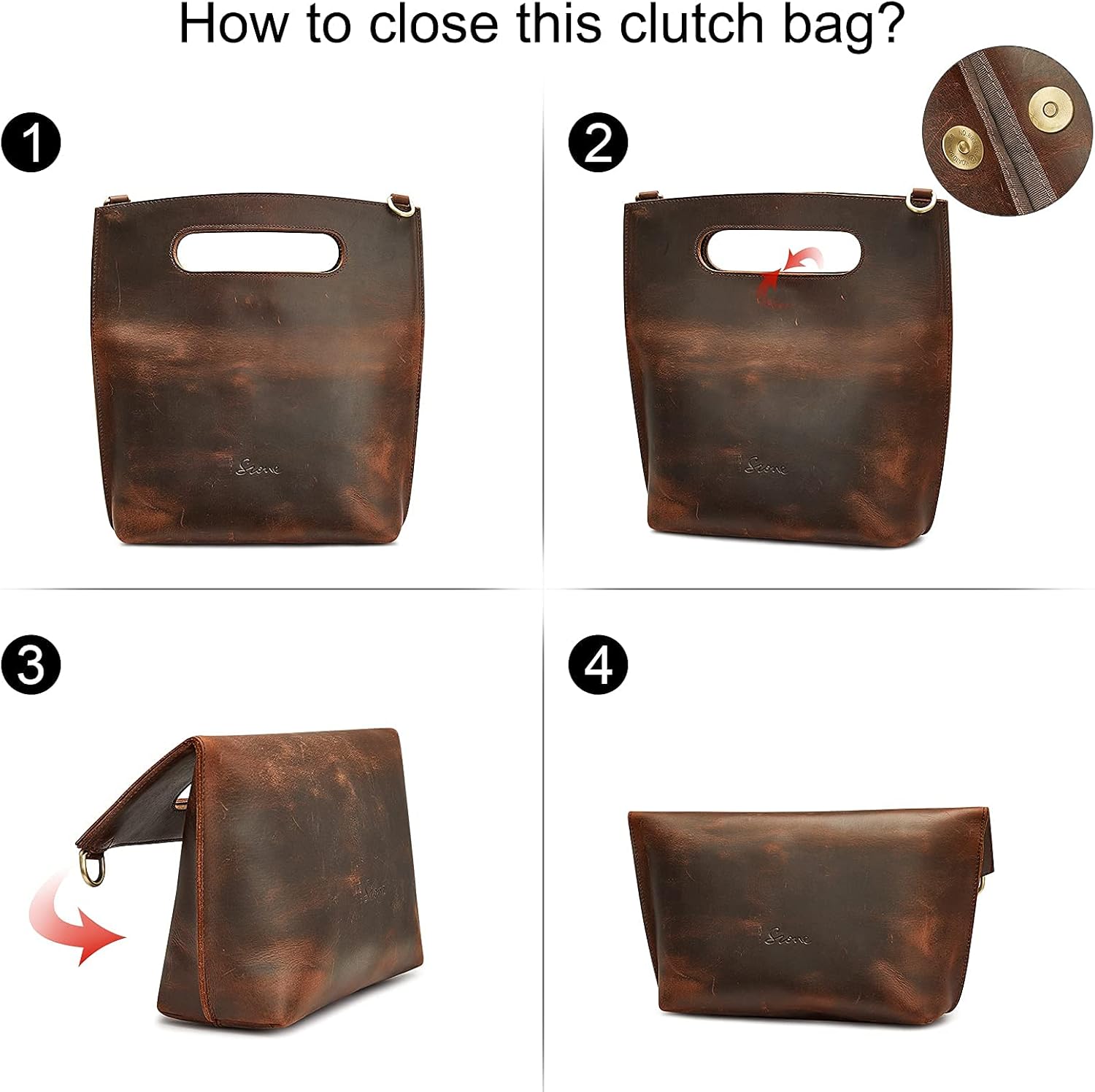 S-ZONE Women Vintage Genuine Leather Tote Bag with Clutch Bag - Image 8