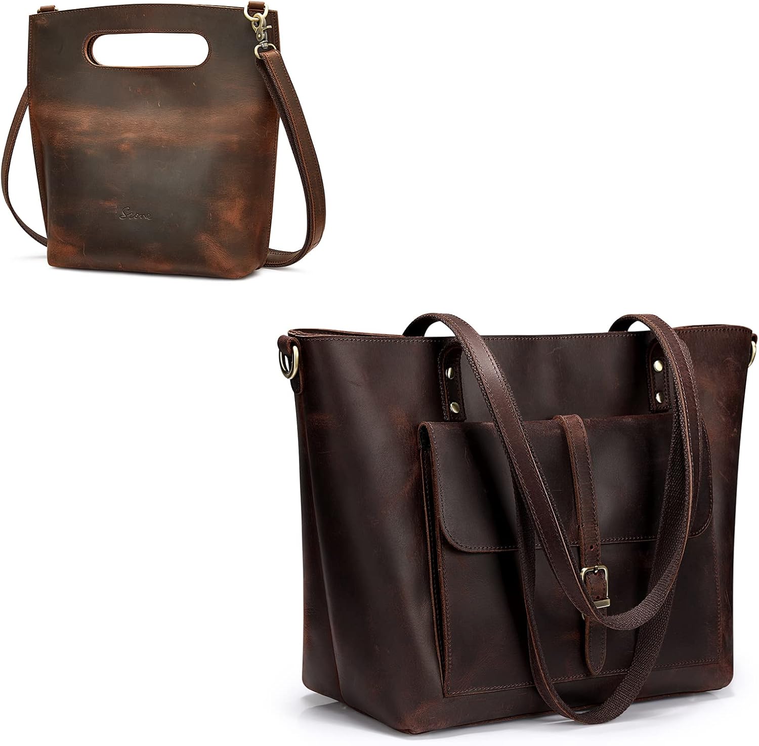 S-ZONE Women Vintage Genuine Leather Tote Bag with Clutch Bag