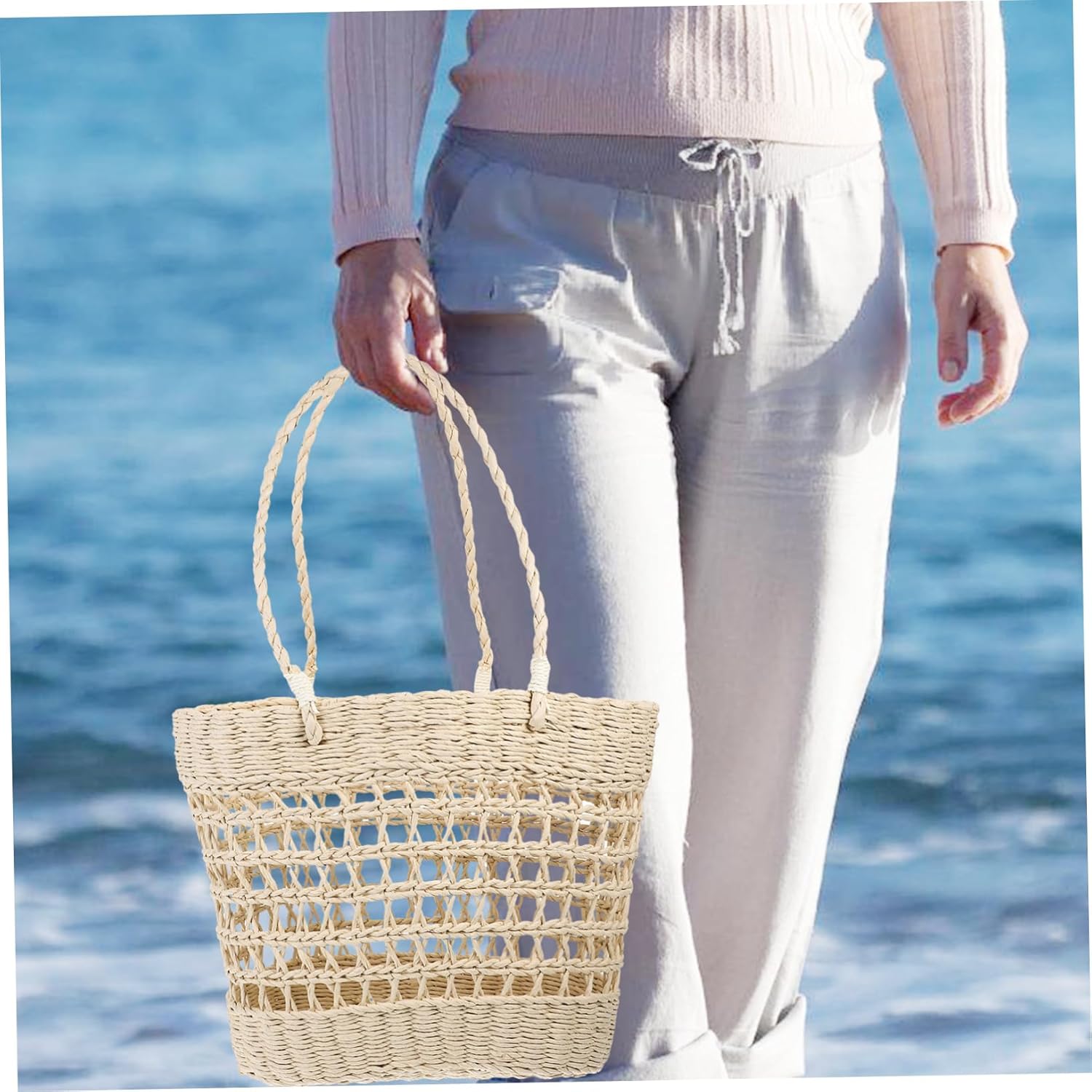 SOLUSTRE Hollow Woven Beach Handbag for Women Aesthetic Straw Tote Bag for Summer Seaside Casual Outings and Daily Use Lightweight and Versatile Storage - Image 2