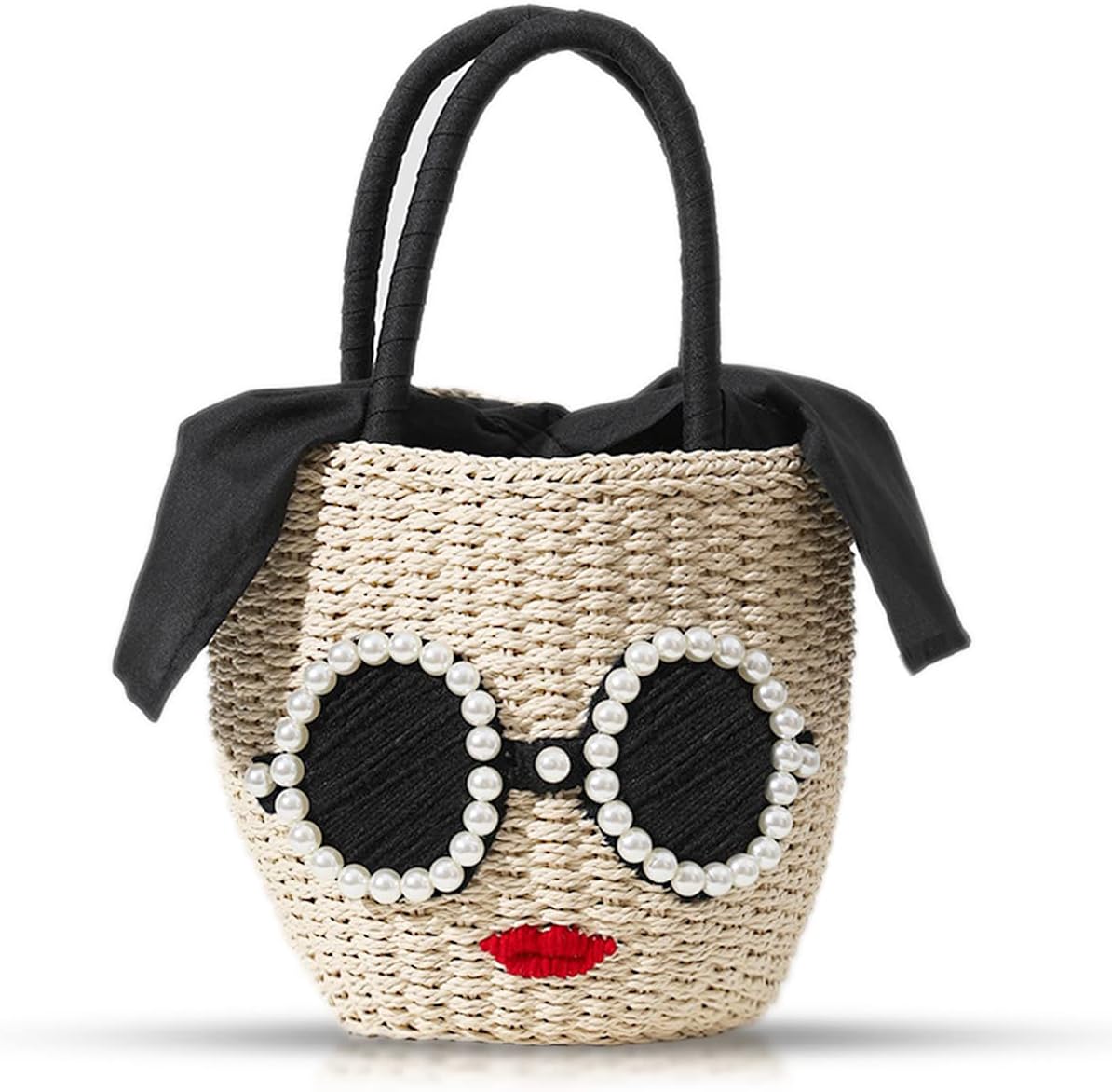 Straw Bag, Beach Bag for Woman, Bohemian Hand-Woven Handbags, Cute Sunglasses Red Lip Basket bag, Straw Tote Bag Suitable for Picnic, Travel, Daily Matching