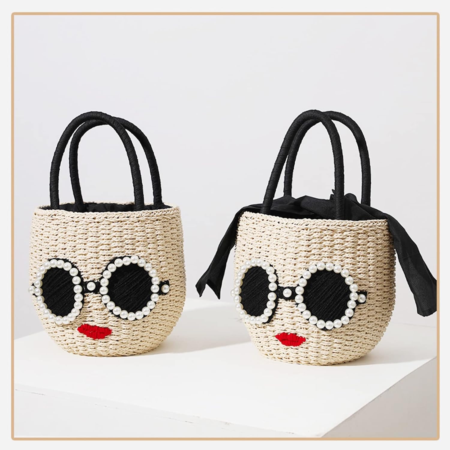Straw Bag, Beach Bag for Woman, Bohemian Hand-Woven Handbags, Cute Sunglasses Red Lip Basket bag, Straw Tote Bag Suitable for Picnic, Travel, Daily Matching - Image 6