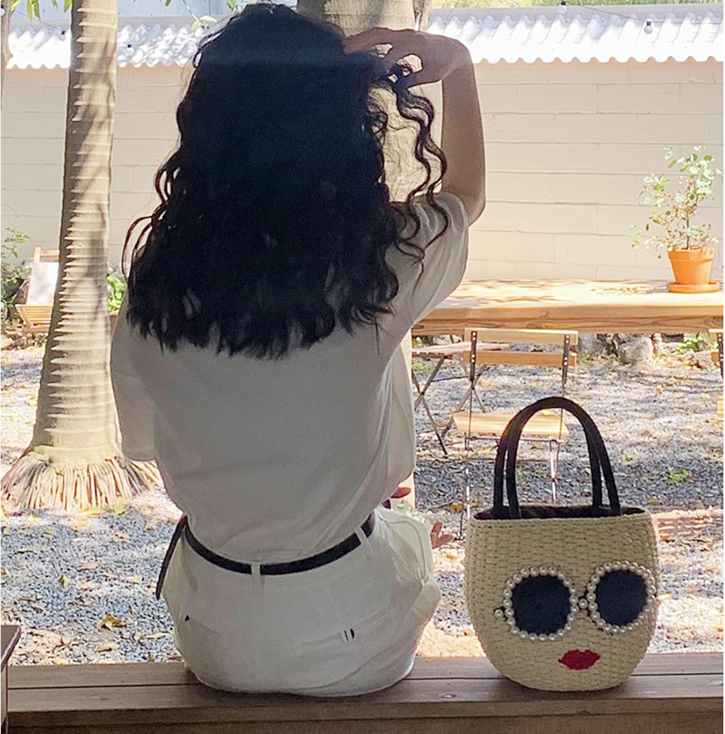 Straw Bag, Beach Bag for Woman, Bohemian Hand-Woven Handbags, Cute Sunglasses Red Lip Basket bag, Straw Tote Bag Suitable for Picnic, Travel, Daily Matching - Image 3