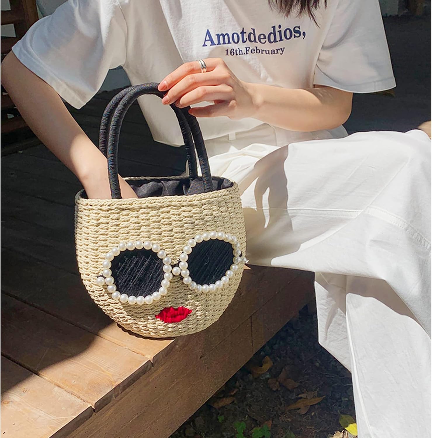 Straw Bag, Beach Bag for Woman, Bohemian Hand-Woven Handbags, Cute Sunglasses Red Lip Basket bag, Straw Tote Bag Suitable for Picnic, Travel, Daily Matching - Image 5