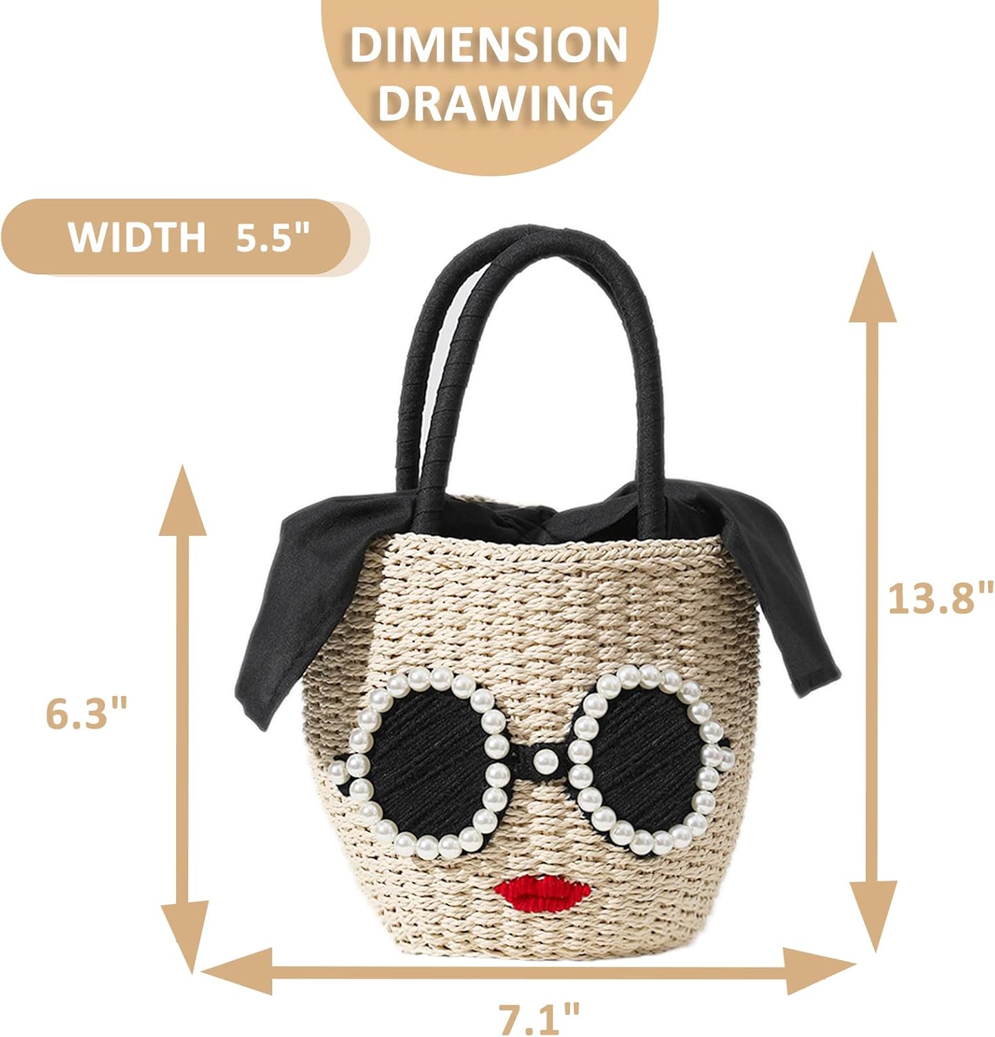 Straw Bag, Beach Bag for Woman, Bohemian Hand-Woven Handbags, Cute Sunglasses Red Lip Basket bag, Straw Tote Bag Suitable for Picnic, Travel, Daily Matching - Image 2